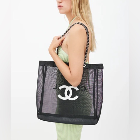 CHANEL CC Black Mesh Tote Bag purse chain gold shoulder logo shopper - Picture 1 of 7